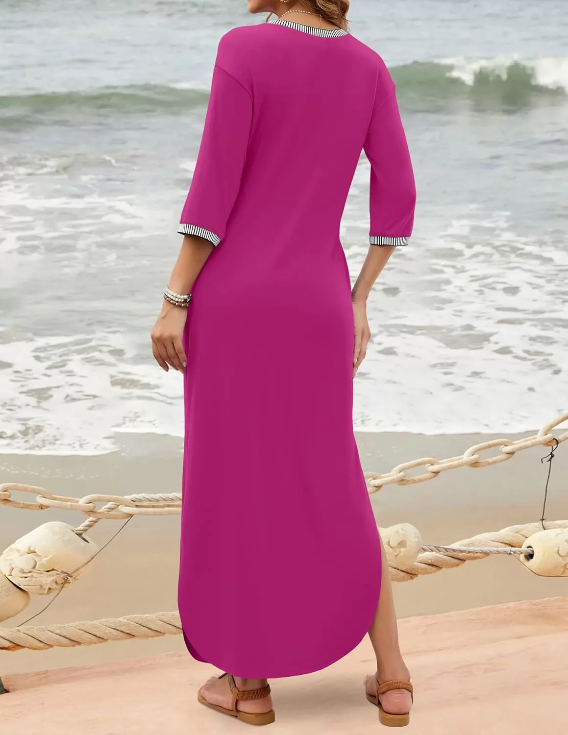 imageZESICA Womens Dresses 2024 Causal 34 Sleeve V Neck Loose Fit Split Beach Long Maxi Dress with PocketsMagenta