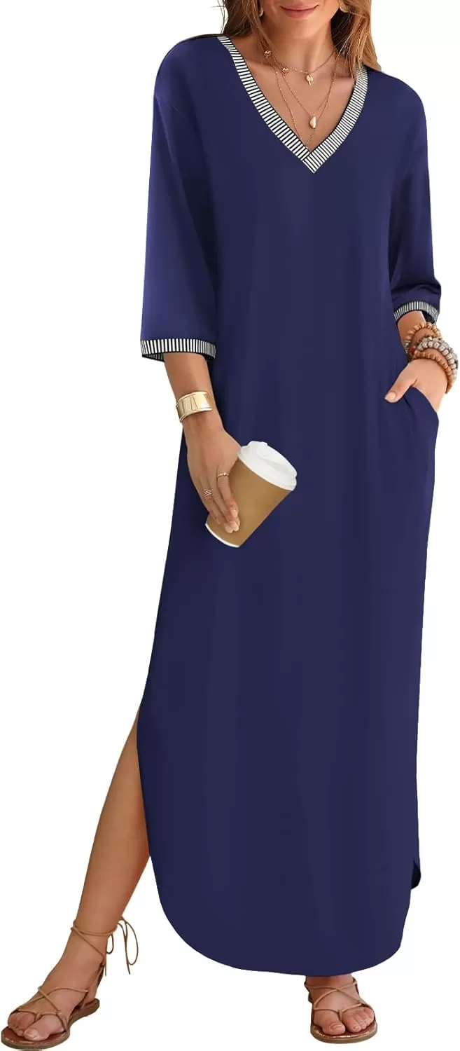 imageZESICA Womens Dresses 2024 Causal 34 Sleeve V Neck Loose Fit Split Beach Long Maxi Dress with PocketsNavy