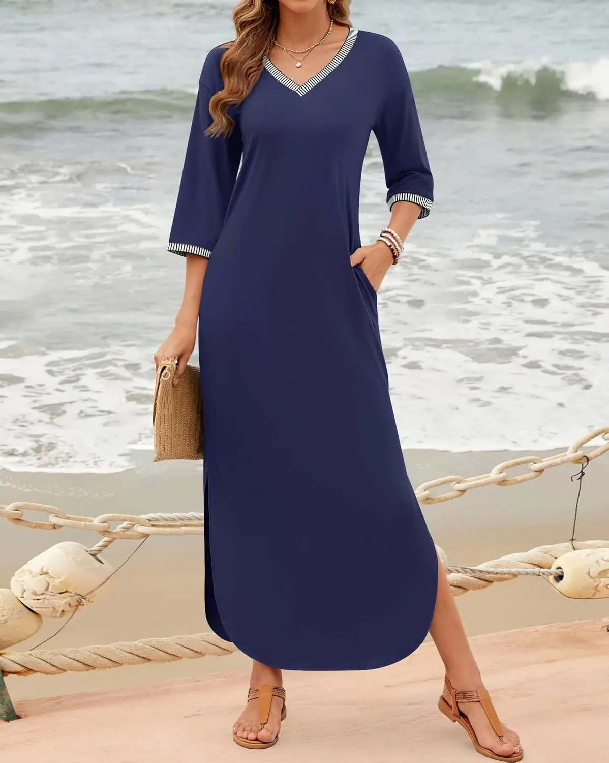 imageZESICA Womens Dresses 2024 Causal 34 Sleeve V Neck Loose Fit Split Beach Long Maxi Dress with PocketsNavy
