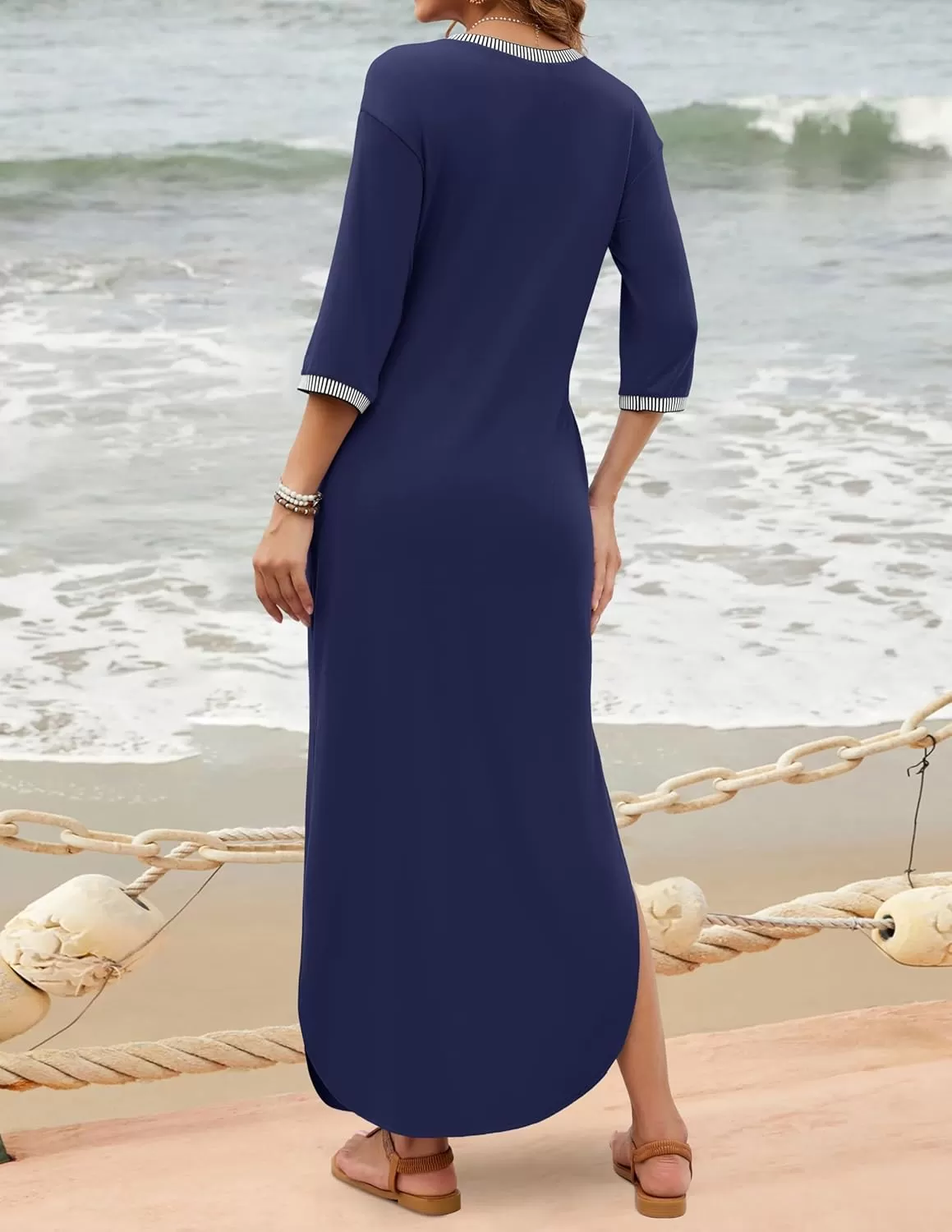 imageZESICA Womens Dresses 2024 Causal 34 Sleeve V Neck Loose Fit Split Beach Long Maxi Dress with PocketsNavy