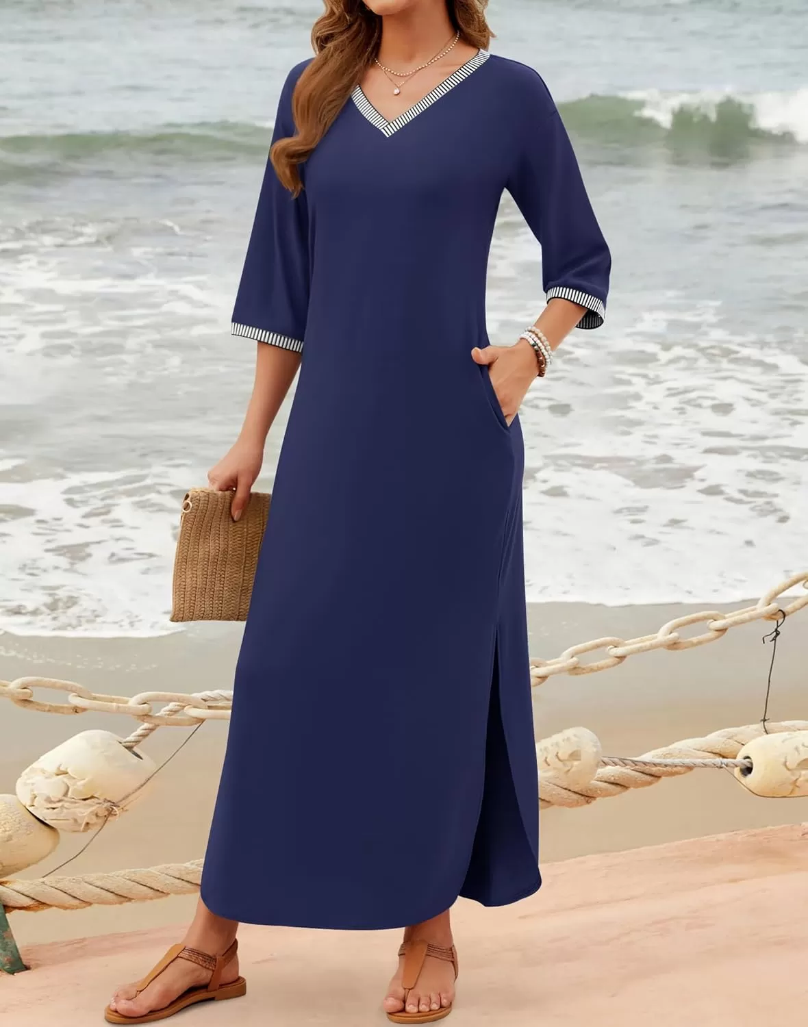 imageZESICA Womens Dresses 2024 Causal 34 Sleeve V Neck Loose Fit Split Beach Long Maxi Dress with PocketsNavy