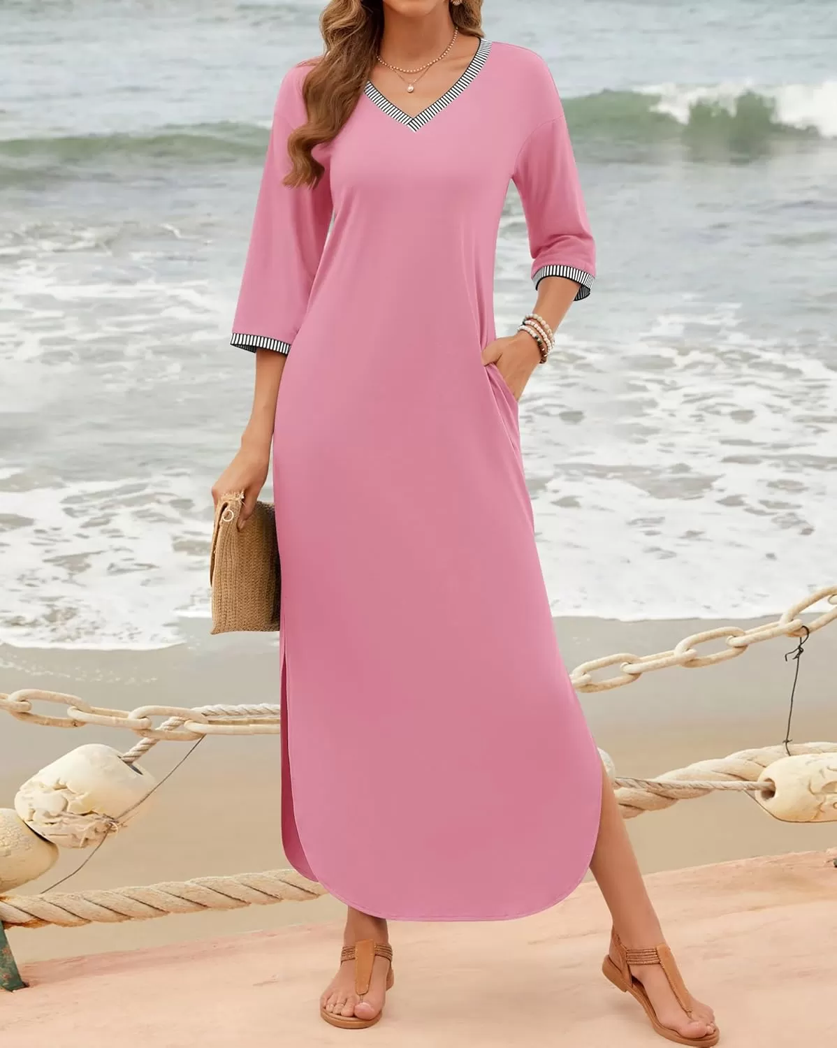 imageZESICA Womens Dresses 2024 Causal 34 Sleeve V Neck Loose Fit Split Beach Long Maxi Dress with PocketsPink