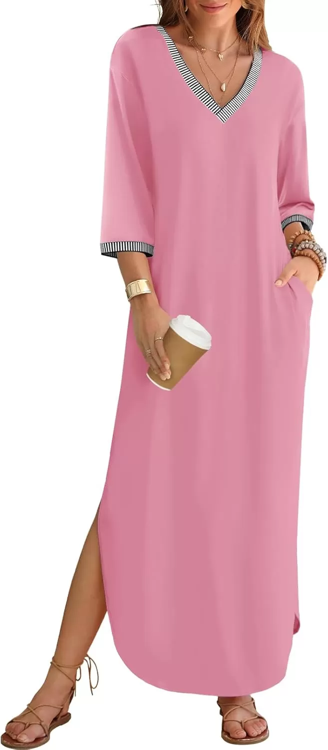 imageZESICA Womens Dresses 2024 Causal 34 Sleeve V Neck Loose Fit Split Beach Long Maxi Dress with PocketsPink