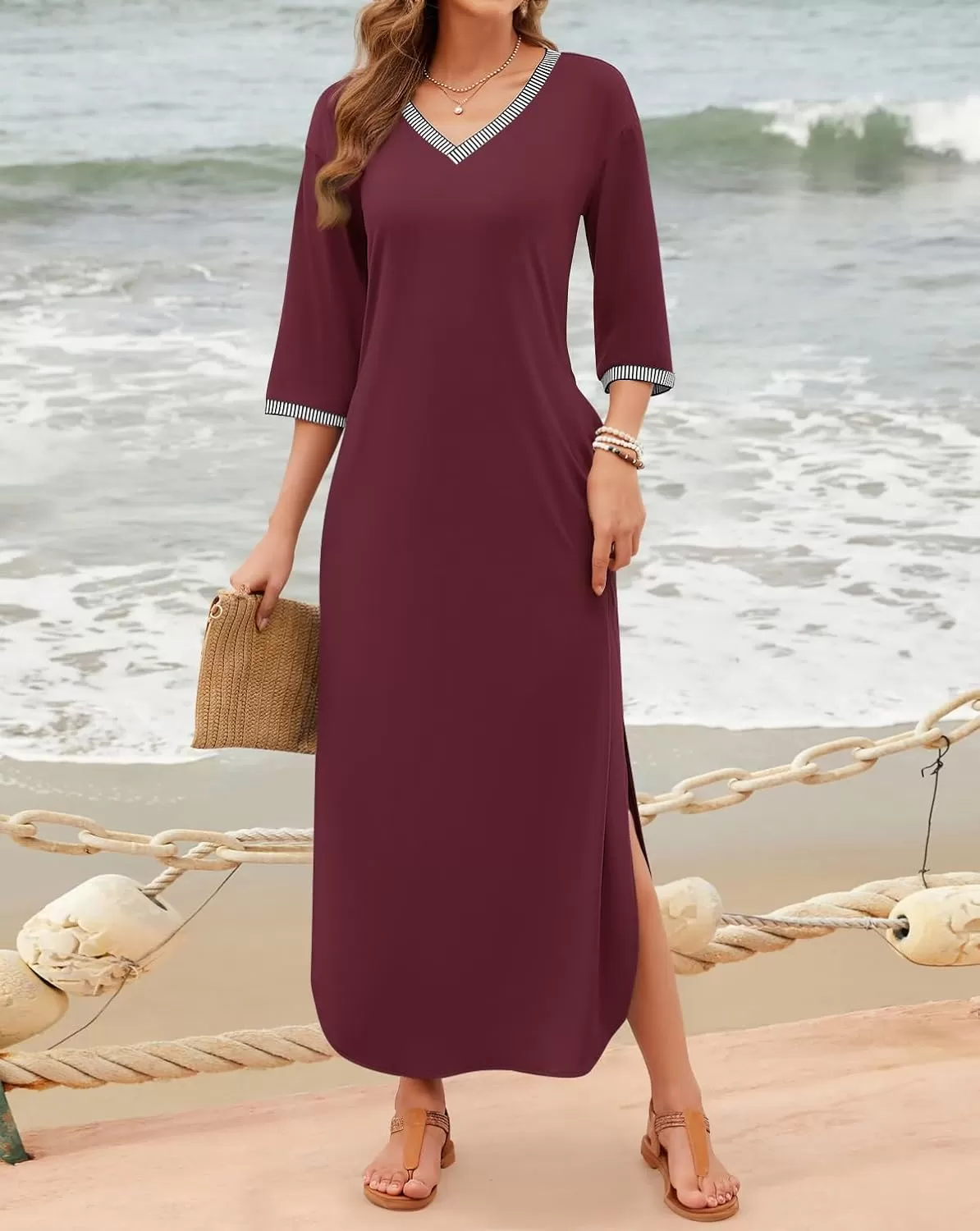 imageZESICA Womens Dresses 2024 Causal 34 Sleeve V Neck Loose Fit Split Beach Long Maxi Dress with PocketsPlum
