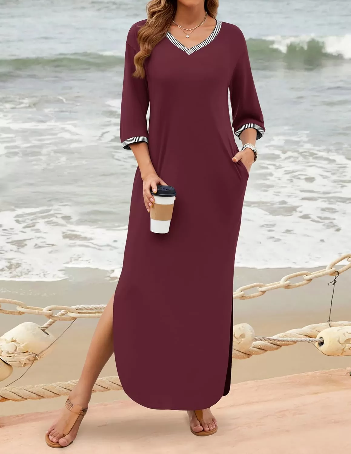 imageZESICA Womens Dresses 2024 Causal 34 Sleeve V Neck Loose Fit Split Beach Long Maxi Dress with PocketsPlum