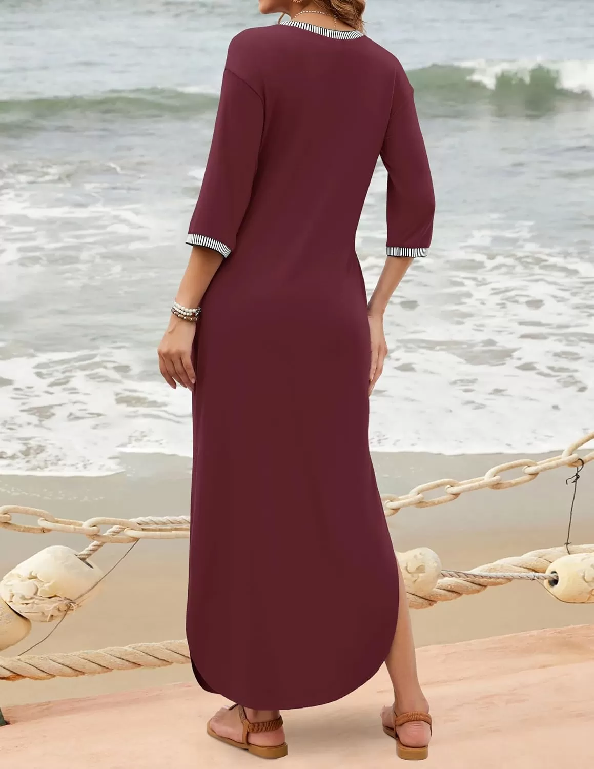 imageZESICA Womens Dresses 2024 Causal 34 Sleeve V Neck Loose Fit Split Beach Long Maxi Dress with PocketsPlum