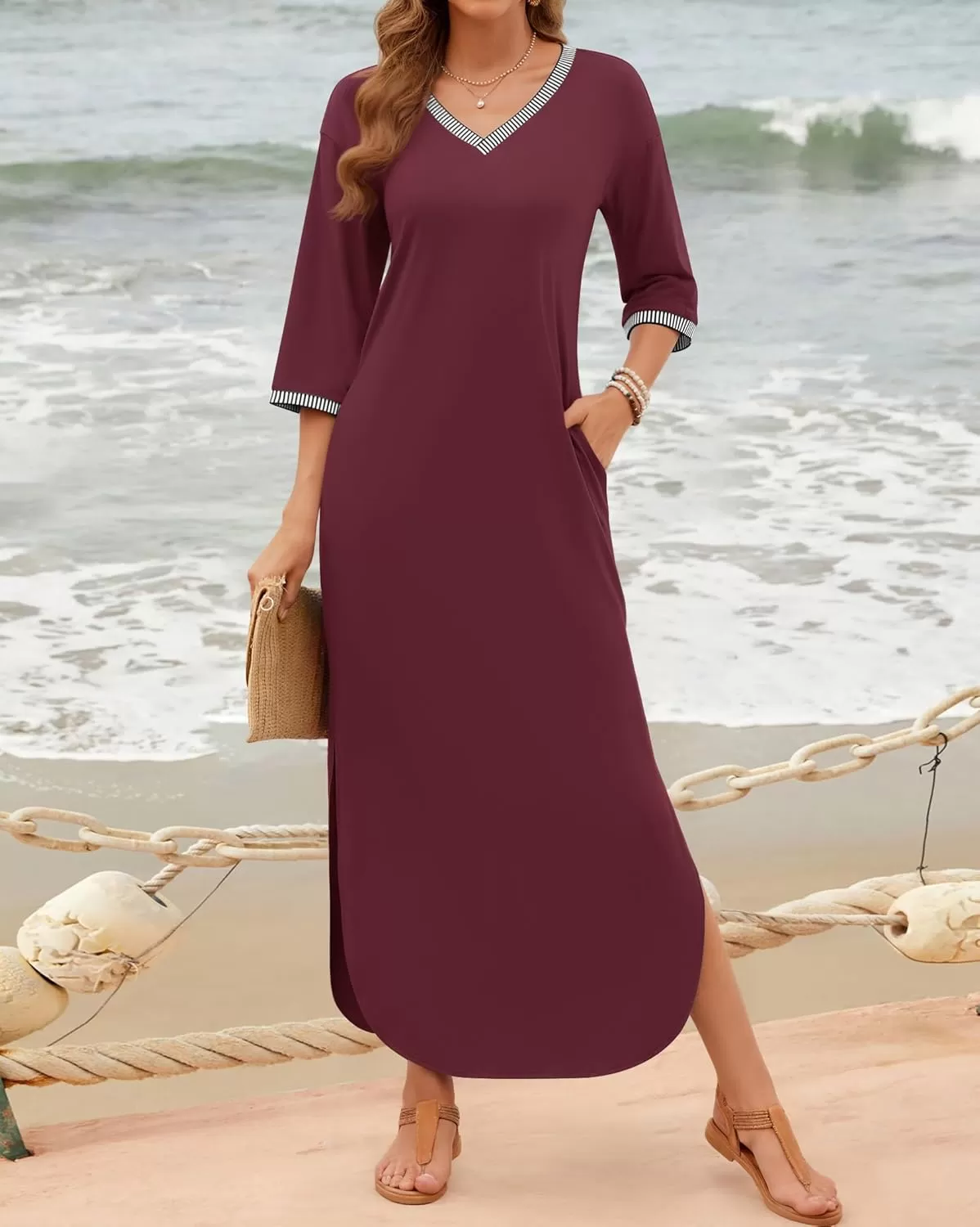 imageZESICA Womens Dresses 2024 Causal 34 Sleeve V Neck Loose Fit Split Beach Long Maxi Dress with PocketsPlum