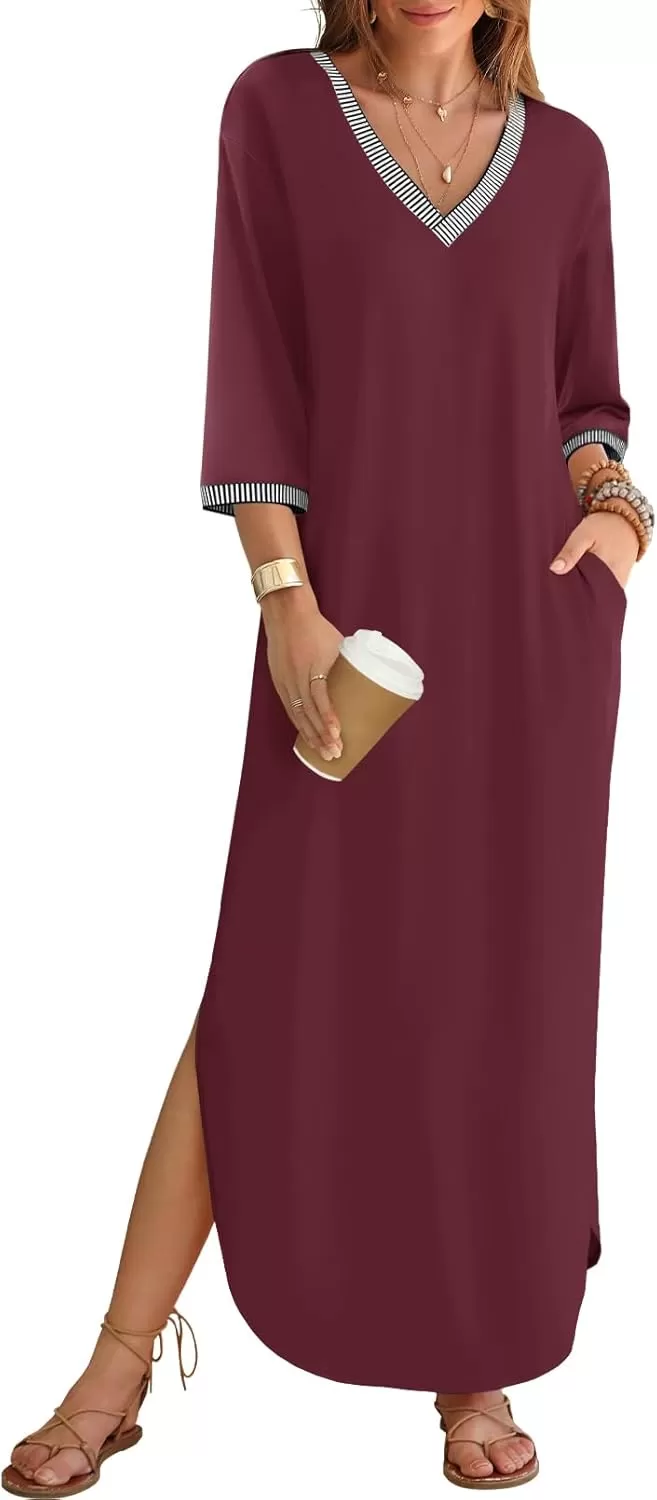 imageZESICA Womens Dresses 2024 Causal 34 Sleeve V Neck Loose Fit Split Beach Long Maxi Dress with PocketsPlum