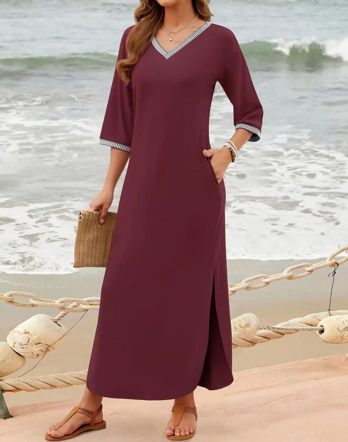 imageZESICA Womens Dresses 2024 Causal 34 Sleeve V Neck Loose Fit Split Beach Long Maxi Dress with PocketsPlum