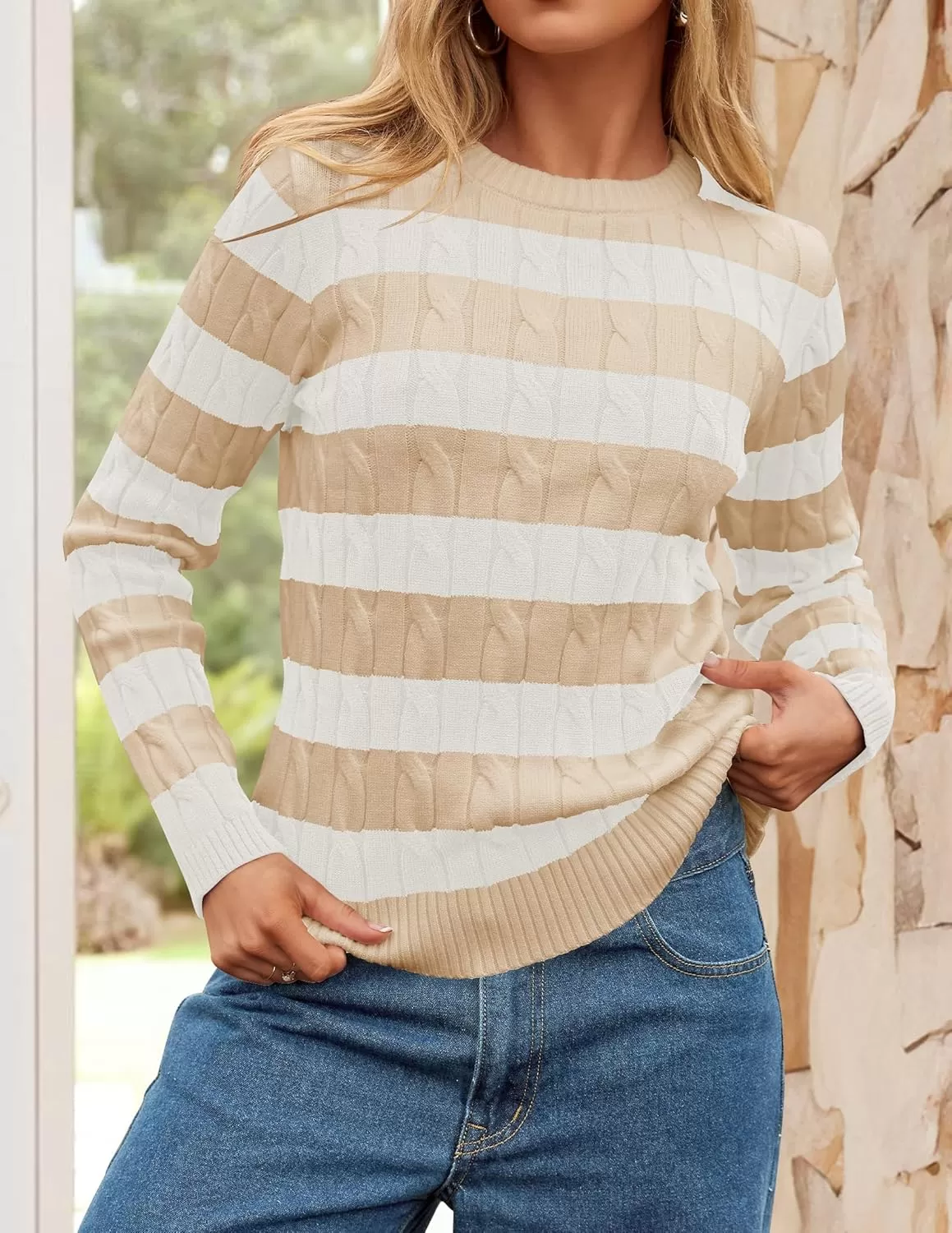imageZESICA Womens Sweaters Fall Winter Casual Striped Long Sleeve Crew Neck Cable Knit Loose Chunky Pullover SweaterApricot