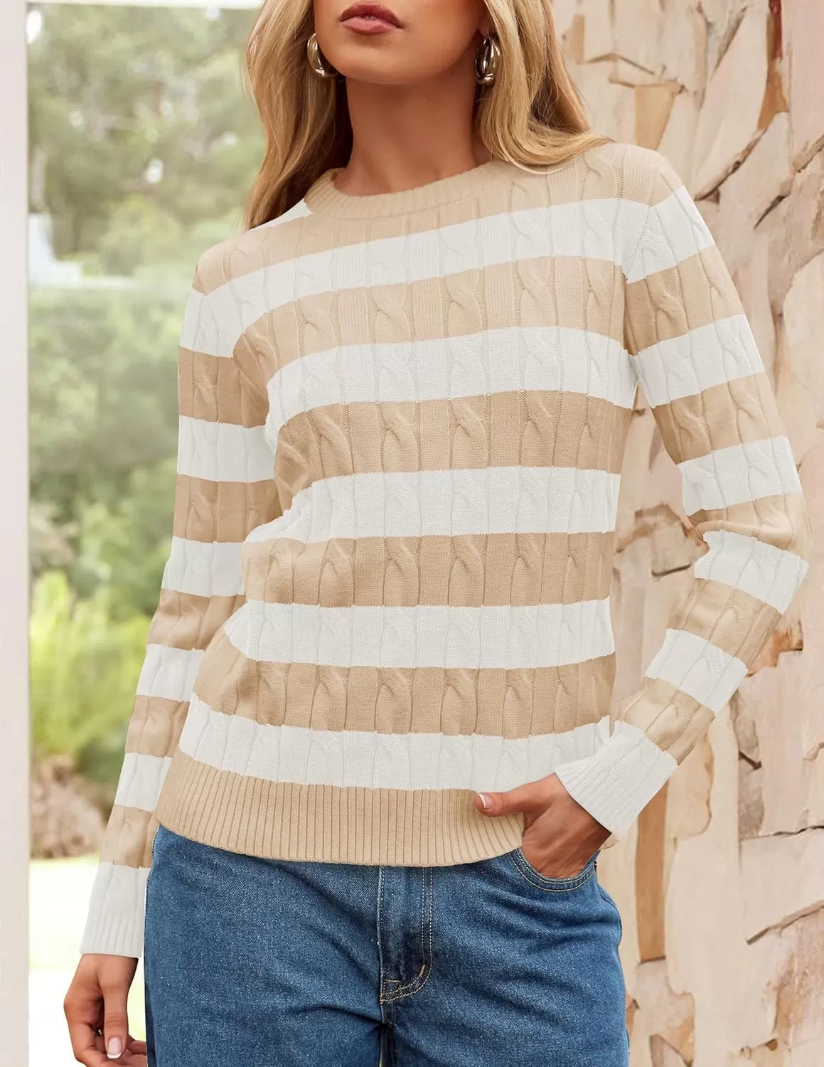 imageZESICA Womens Sweaters Fall Winter Casual Striped Long Sleeve Crew Neck Cable Knit Loose Chunky Pullover SweaterApricot