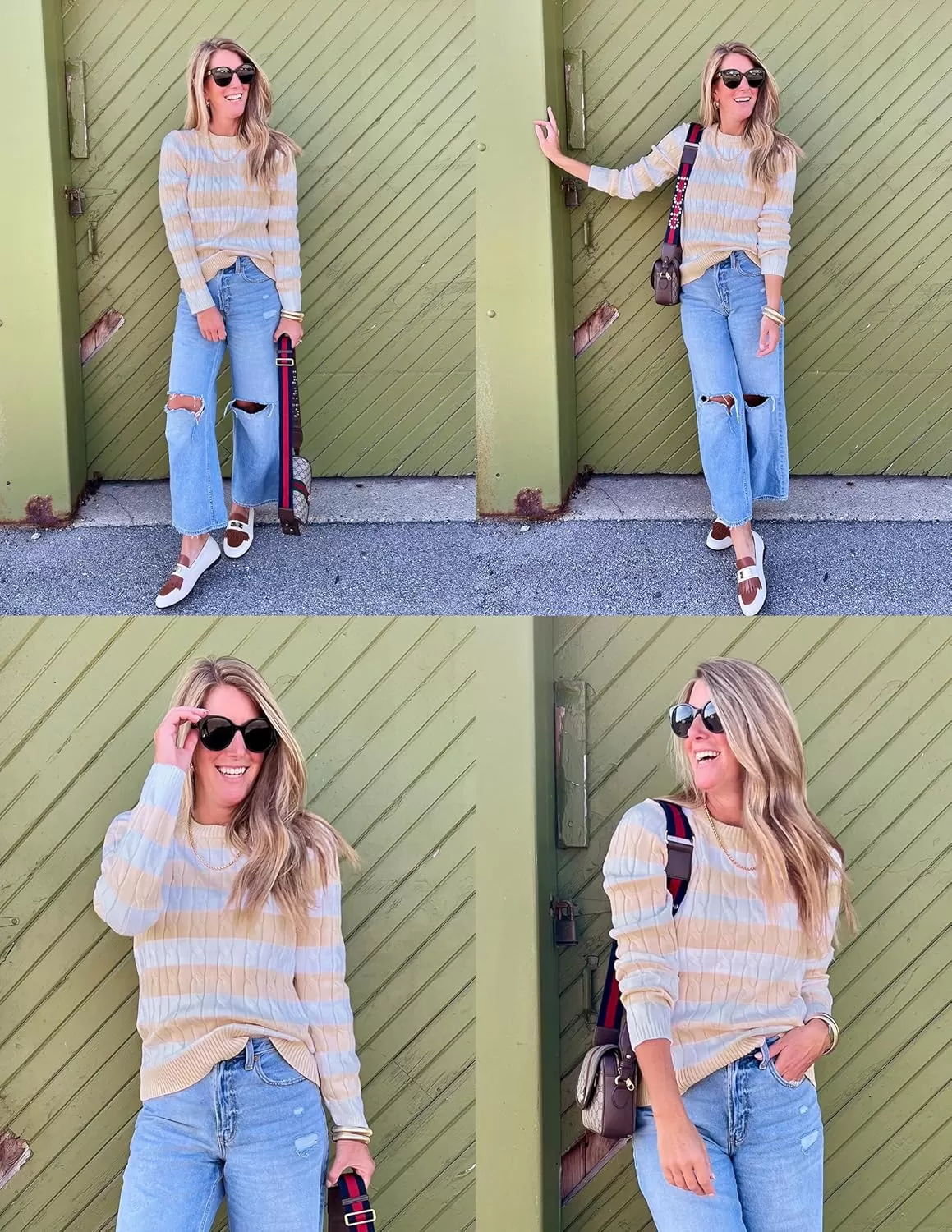 imageZESICA Womens Sweaters Fall Winter Casual Striped Long Sleeve Crew Neck Cable Knit Loose Chunky Pullover SweaterApricot