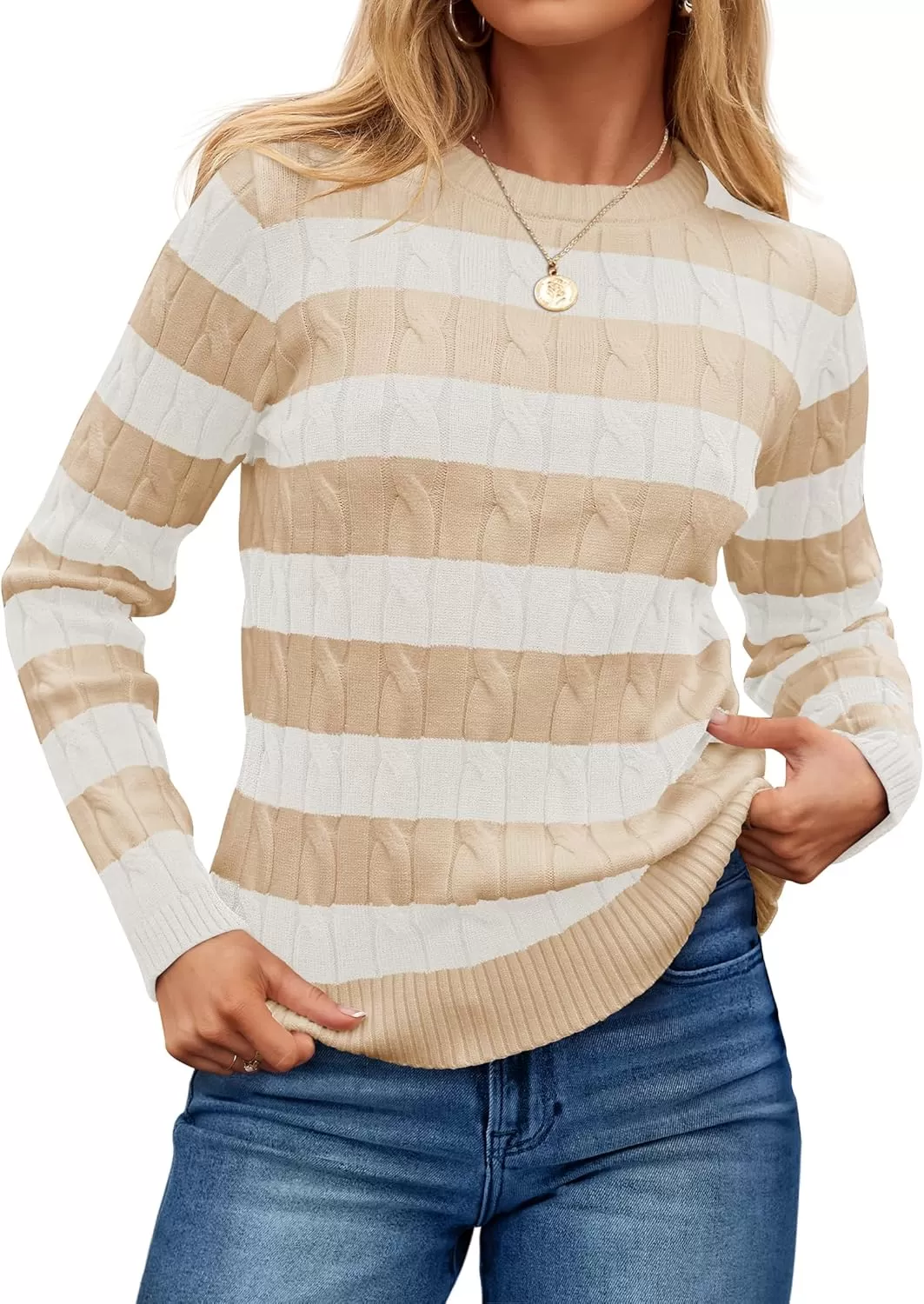 imageZESICA Womens Sweaters Fall Winter Casual Striped Long Sleeve Crew Neck Cable Knit Loose Chunky Pullover SweaterApricot