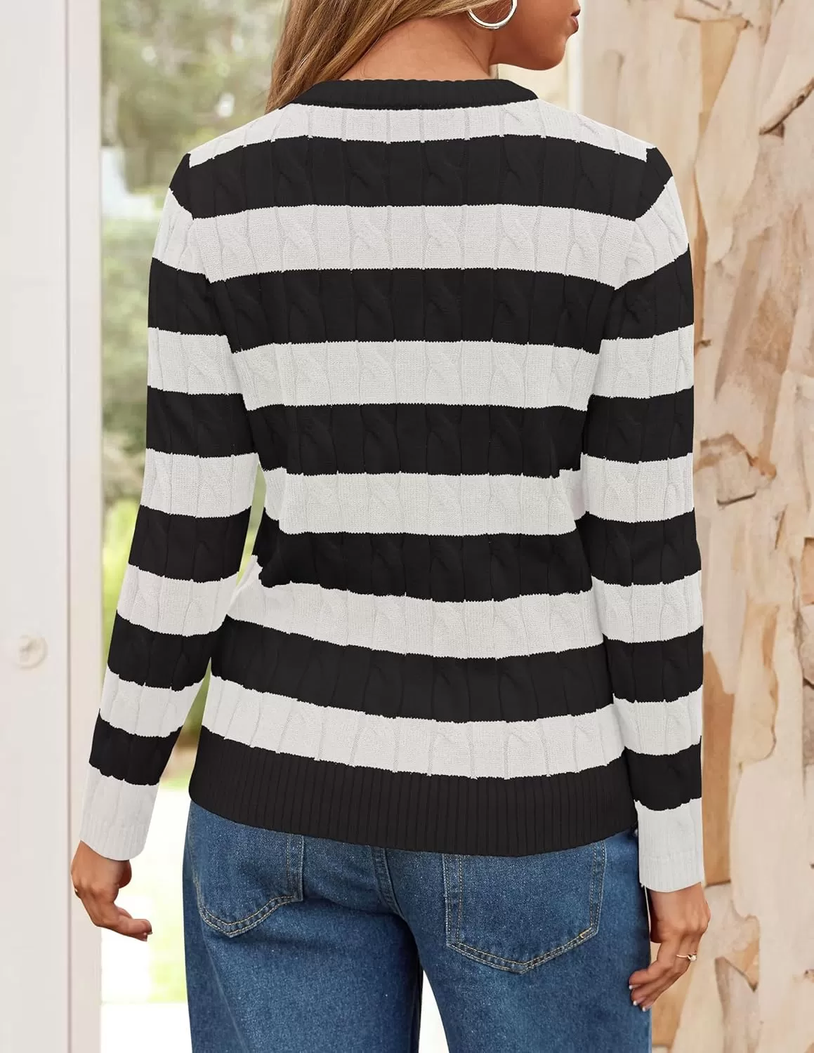imageZESICA Womens Sweaters Fall Winter Casual Striped Long Sleeve Crew Neck Cable Knit Loose Chunky Pullover SweaterBlack