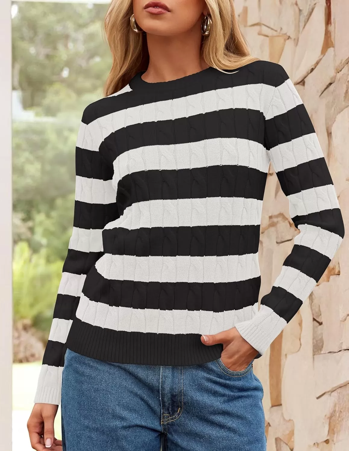 imageZESICA Womens Sweaters Fall Winter Casual Striped Long Sleeve Crew Neck Cable Knit Loose Chunky Pullover SweaterBlack