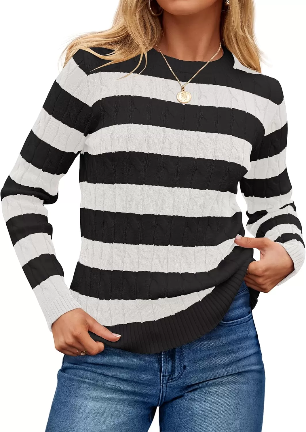 imageZESICA Womens Sweaters Fall Winter Casual Striped Long Sleeve Crew Neck Cable Knit Loose Chunky Pullover SweaterBlack
