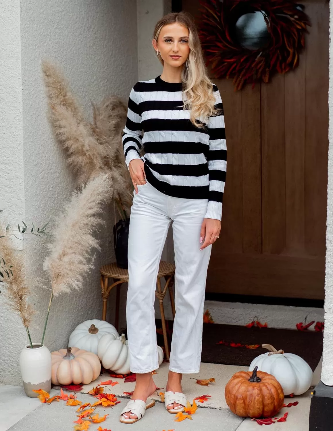 imageZESICA Womens Sweaters Fall Winter Casual Striped Long Sleeve Crew Neck Cable Knit Loose Chunky Pullover SweaterBlack