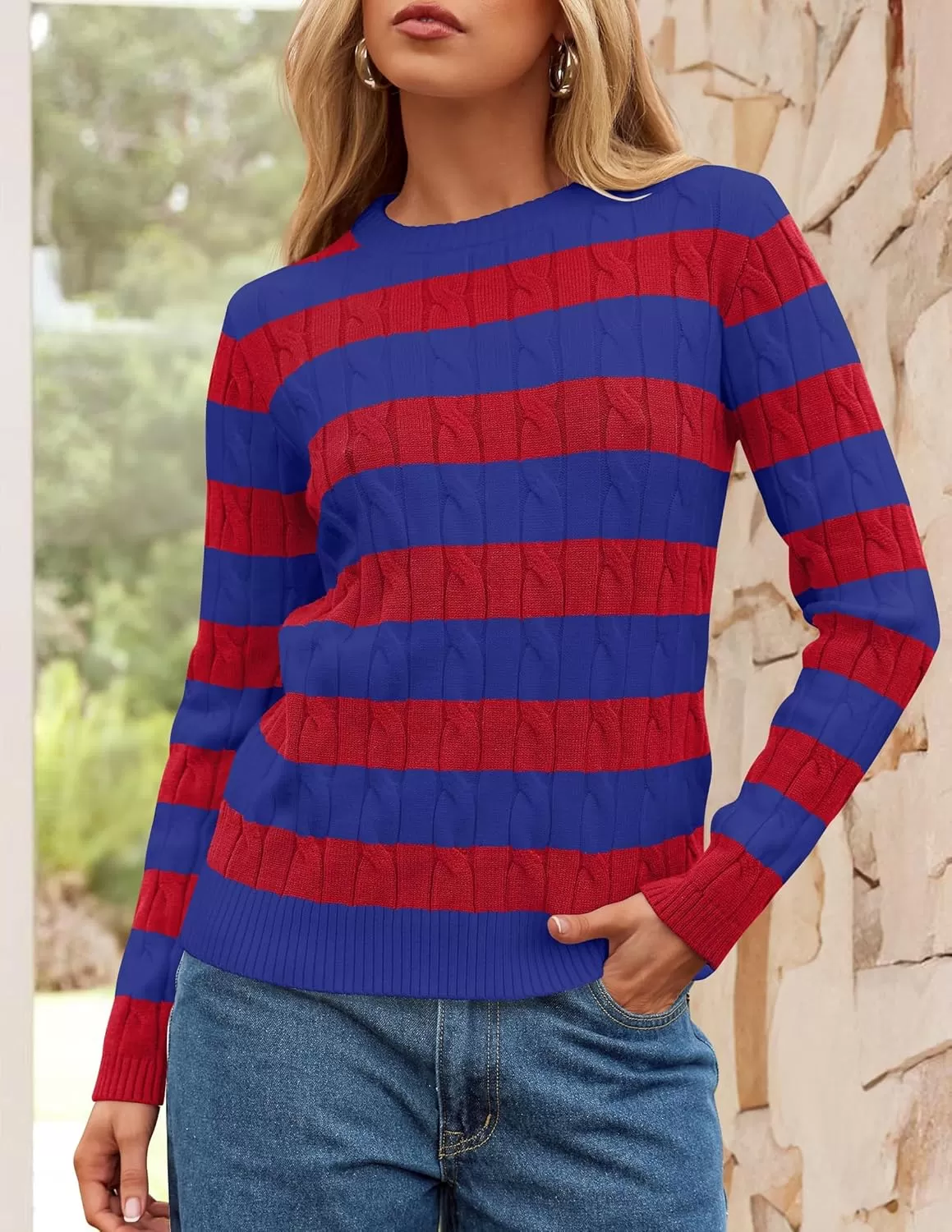 imageZESICA Womens Sweaters Fall Winter Casual Striped Long Sleeve Crew Neck Cable Knit Loose Chunky Pullover SweaterCobalt Blue