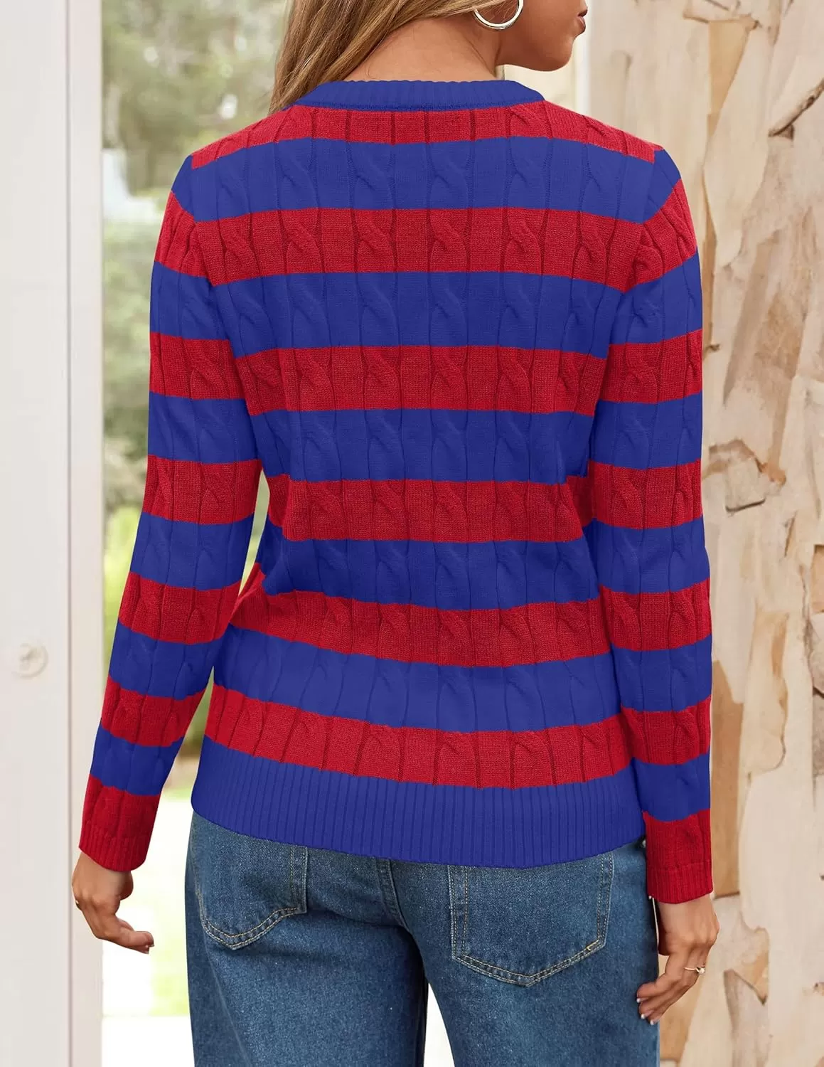 imageZESICA Womens Sweaters Fall Winter Casual Striped Long Sleeve Crew Neck Cable Knit Loose Chunky Pullover SweaterCobalt Blue