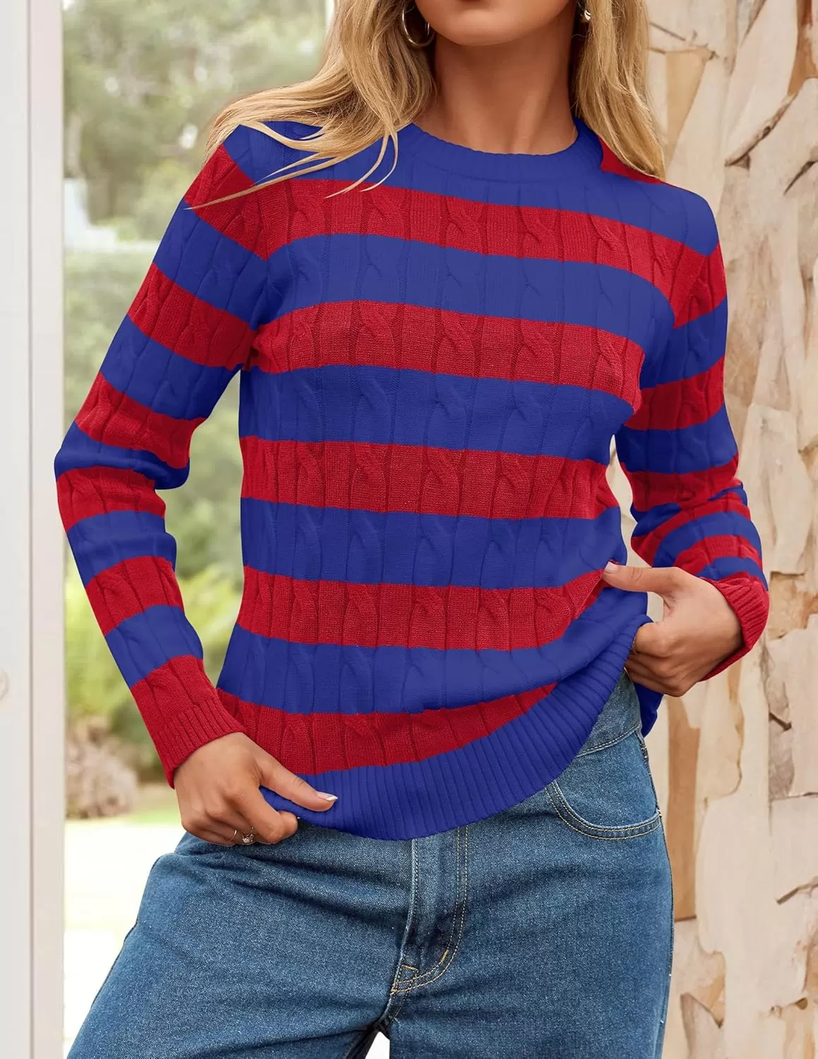 imageZESICA Womens Sweaters Fall Winter Casual Striped Long Sleeve Crew Neck Cable Knit Loose Chunky Pullover SweaterCobalt Blue