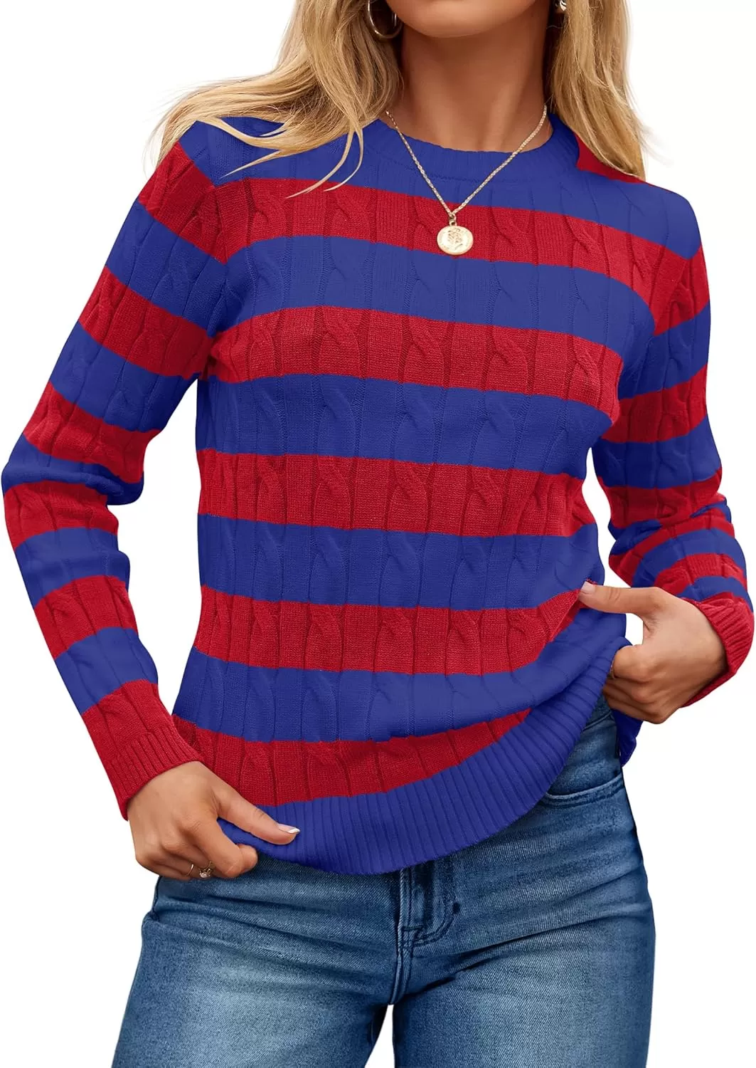 imageZESICA Womens Sweaters Fall Winter Casual Striped Long Sleeve Crew Neck Cable Knit Loose Chunky Pullover SweaterCobalt Blue