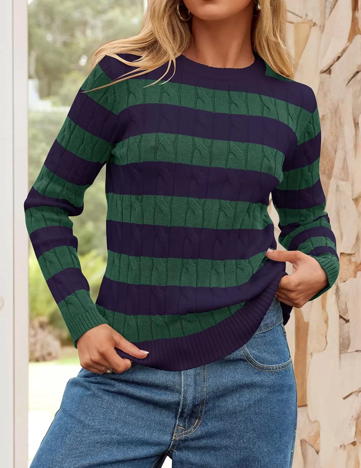 imageZESICA Womens Sweaters Fall Winter Casual Striped Long Sleeve Crew Neck Cable Knit Loose Chunky Pullover SweaterDark Green