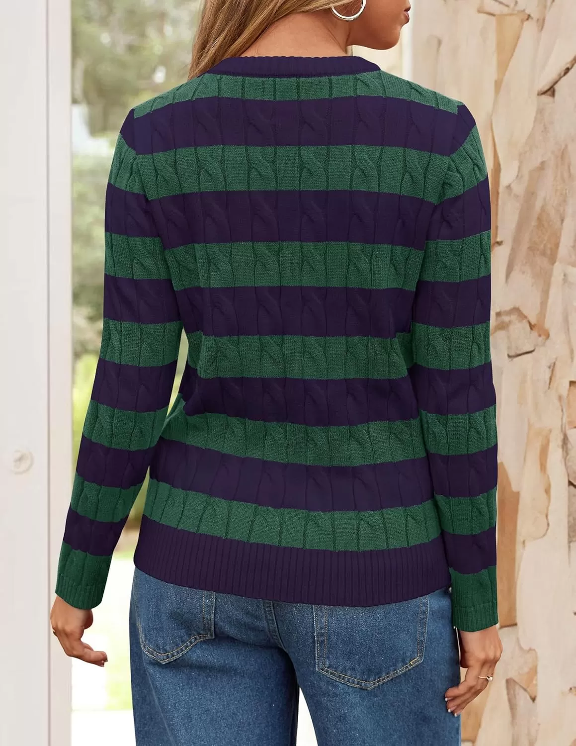 imageZESICA Womens Sweaters Fall Winter Casual Striped Long Sleeve Crew Neck Cable Knit Loose Chunky Pullover SweaterDark Green