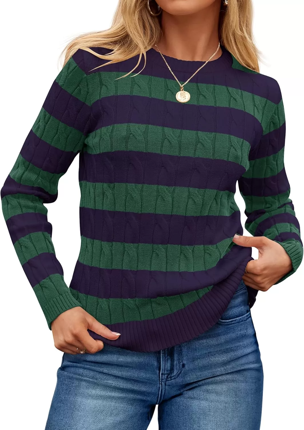 imageZESICA Womens Sweaters Fall Winter Casual Striped Long Sleeve Crew Neck Cable Knit Loose Chunky Pullover SweaterDark Green
