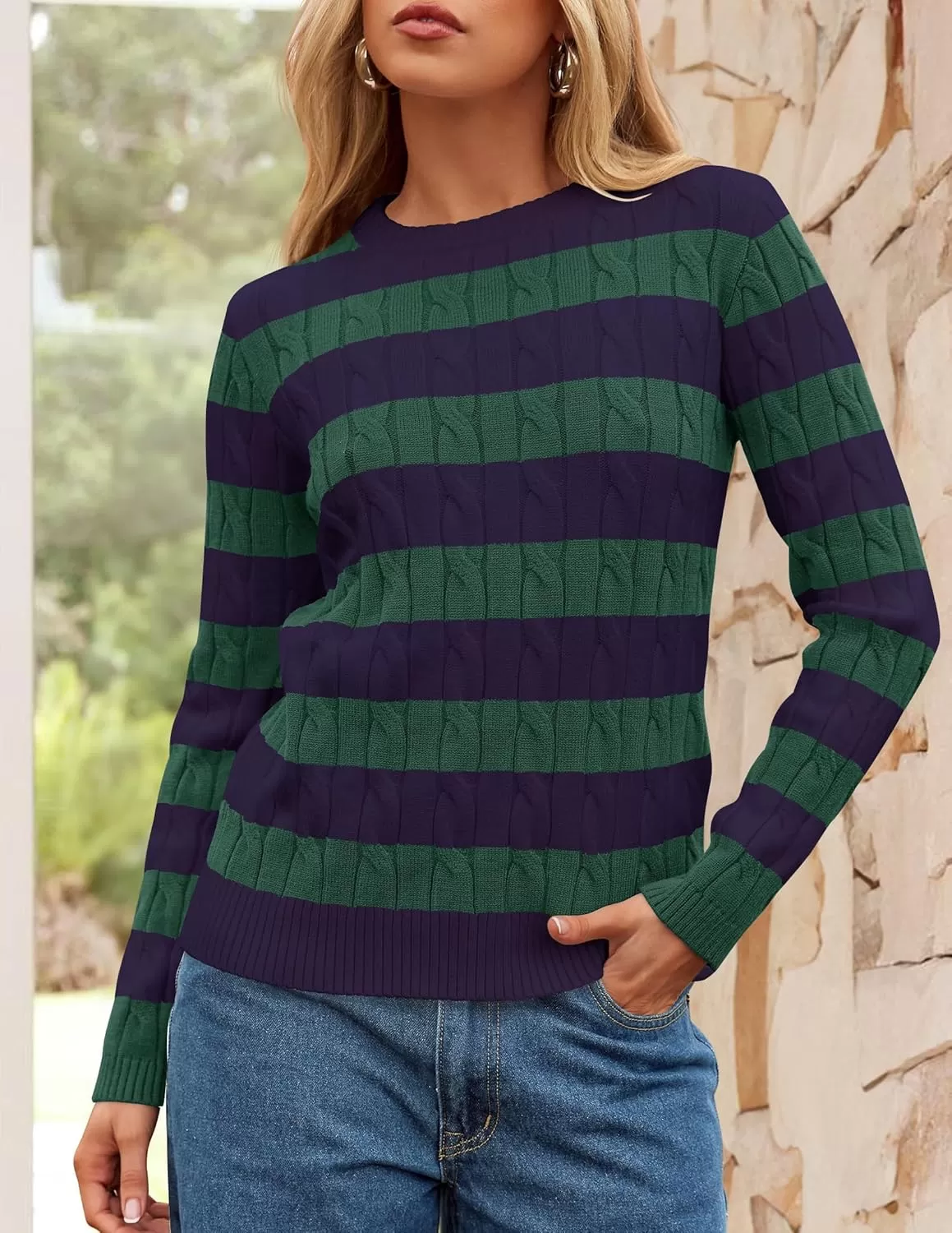 imageZESICA Womens Sweaters Fall Winter Casual Striped Long Sleeve Crew Neck Cable Knit Loose Chunky Pullover SweaterDark Green
