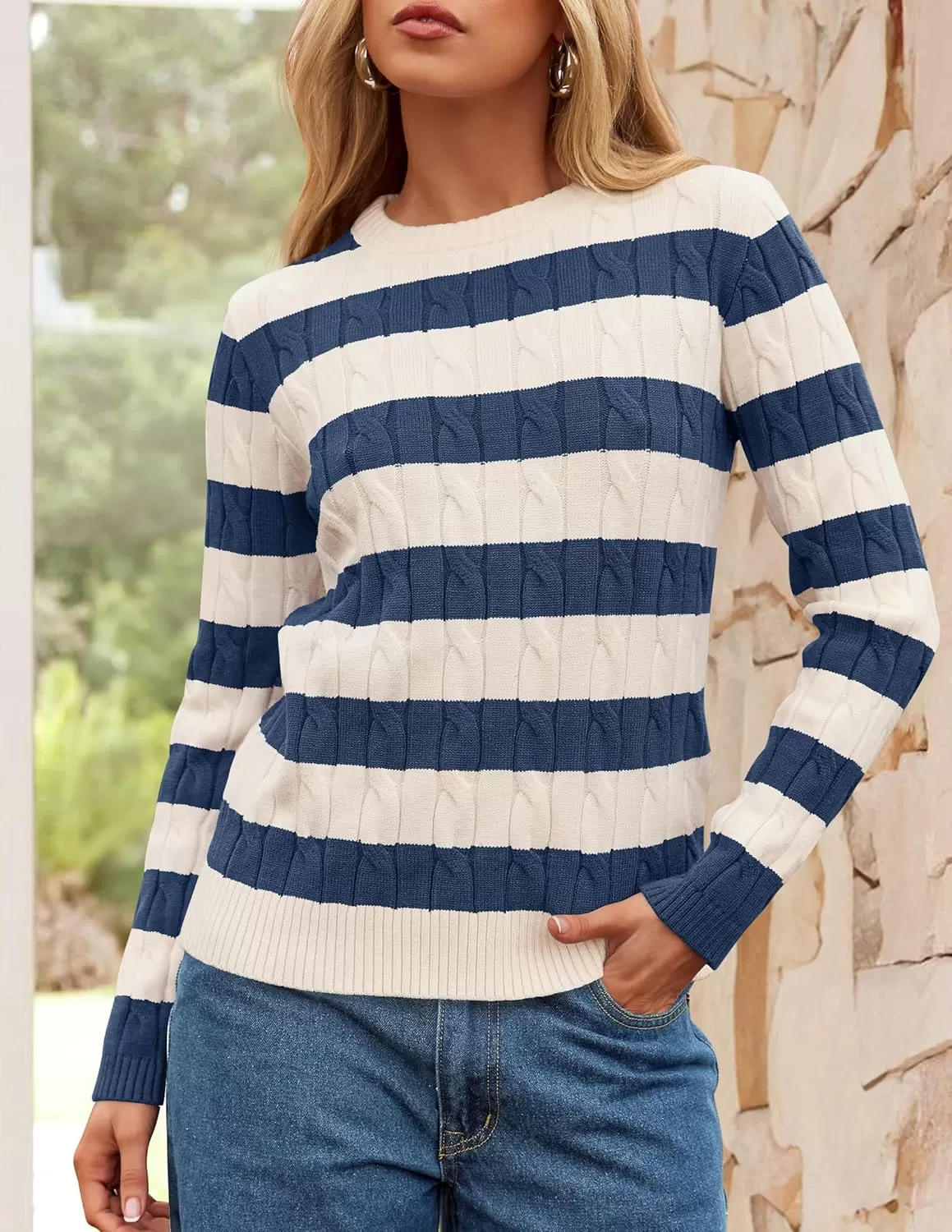 imageZESICA Womens Sweaters Fall Winter Casual Striped Long Sleeve Crew Neck Cable Knit Loose Chunky Pullover SweaterDusty Blue