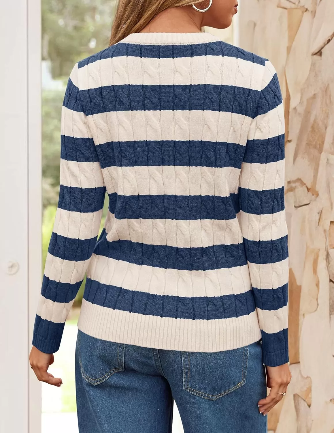 imageZESICA Womens Sweaters Fall Winter Casual Striped Long Sleeve Crew Neck Cable Knit Loose Chunky Pullover SweaterDusty Blue