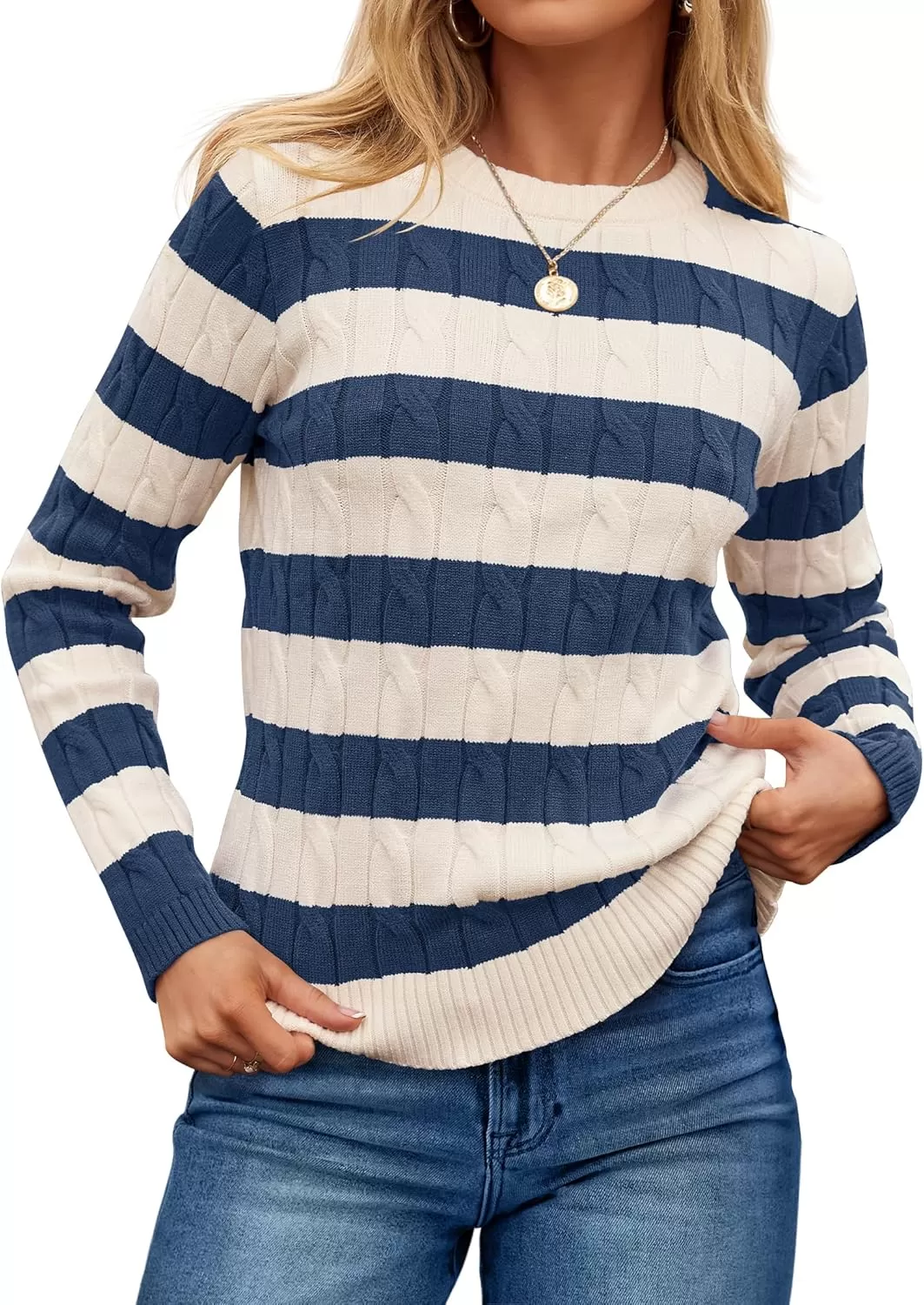 imageZESICA Womens Sweaters Fall Winter Casual Striped Long Sleeve Crew Neck Cable Knit Loose Chunky Pullover SweaterDusty Blue