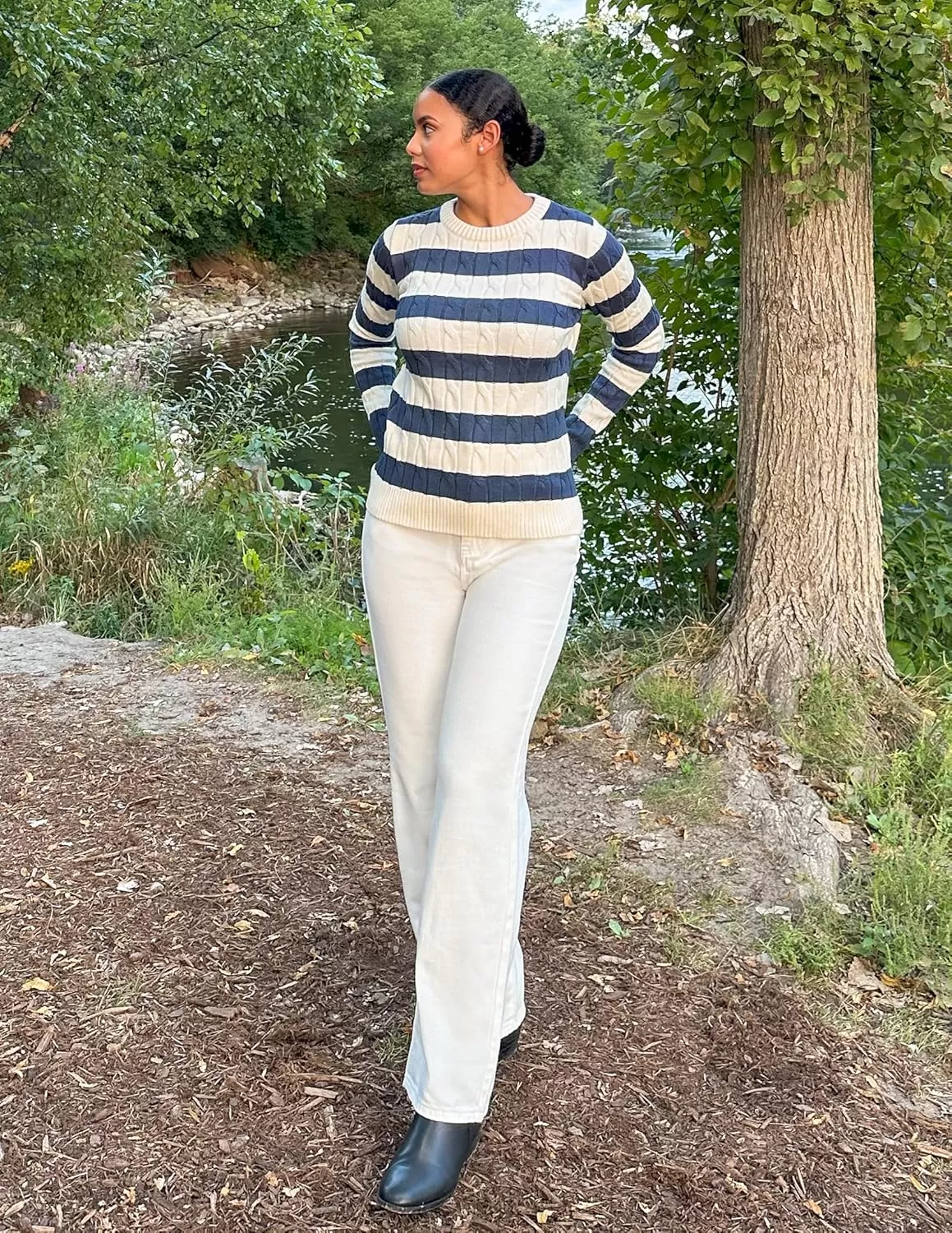 imageZESICA Womens Sweaters Fall Winter Casual Striped Long Sleeve Crew Neck Cable Knit Loose Chunky Pullover SweaterDusty Blue