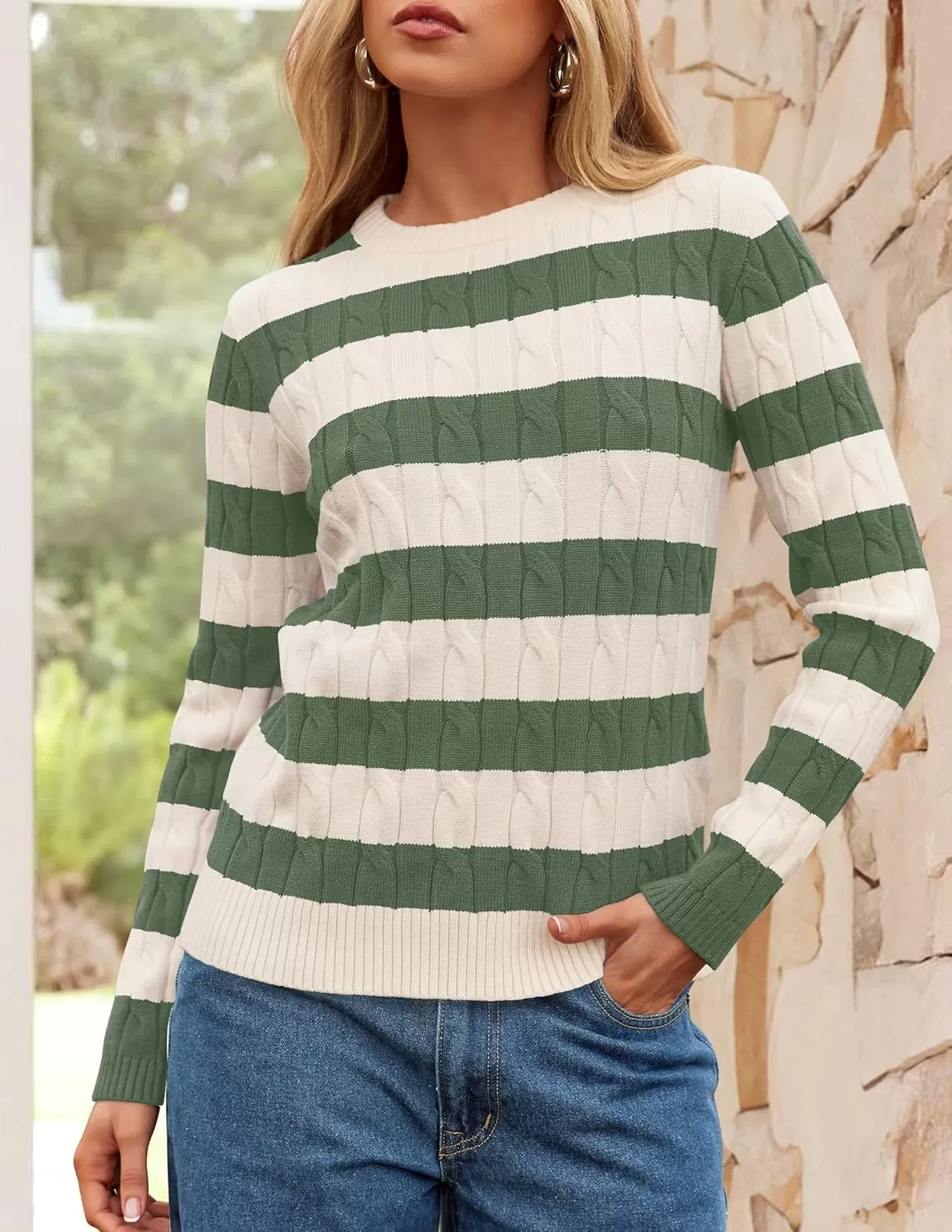 imageZESICA Womens Sweaters Fall Winter Casual Striped Long Sleeve Crew Neck Cable Knit Loose Chunky Pullover SweaterGreen