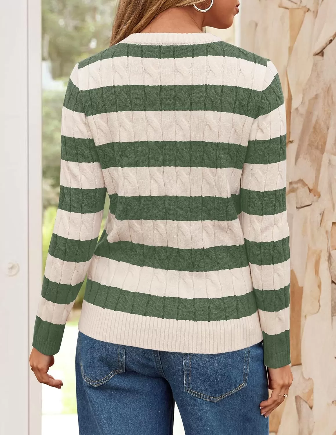 imageZESICA Womens Sweaters Fall Winter Casual Striped Long Sleeve Crew Neck Cable Knit Loose Chunky Pullover SweaterGreen