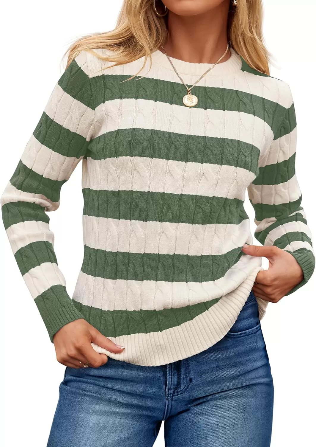 imageZESICA Womens Sweaters Fall Winter Casual Striped Long Sleeve Crew Neck Cable Knit Loose Chunky Pullover SweaterGreen