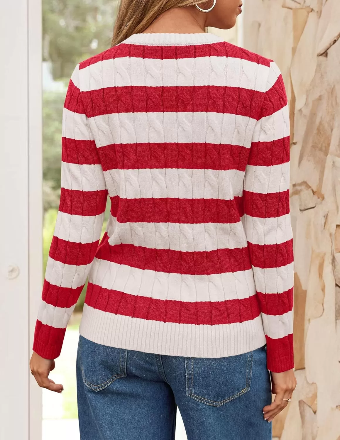 imageZESICA Womens Sweaters Fall Winter Casual Striped Long Sleeve Crew Neck Cable Knit Loose Chunky Pullover SweaterRed