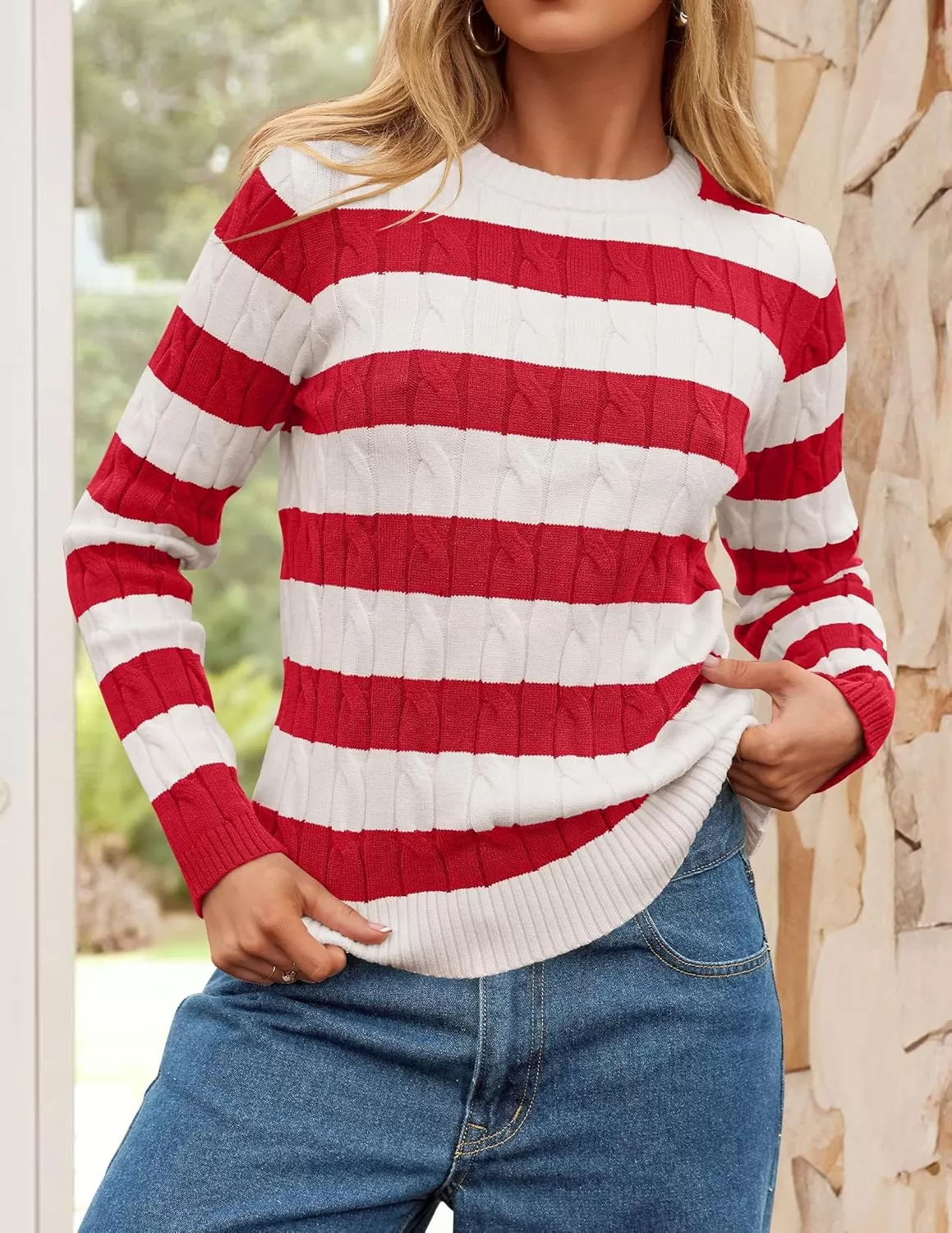 imageZESICA Womens Sweaters Fall Winter Casual Striped Long Sleeve Crew Neck Cable Knit Loose Chunky Pullover SweaterRed