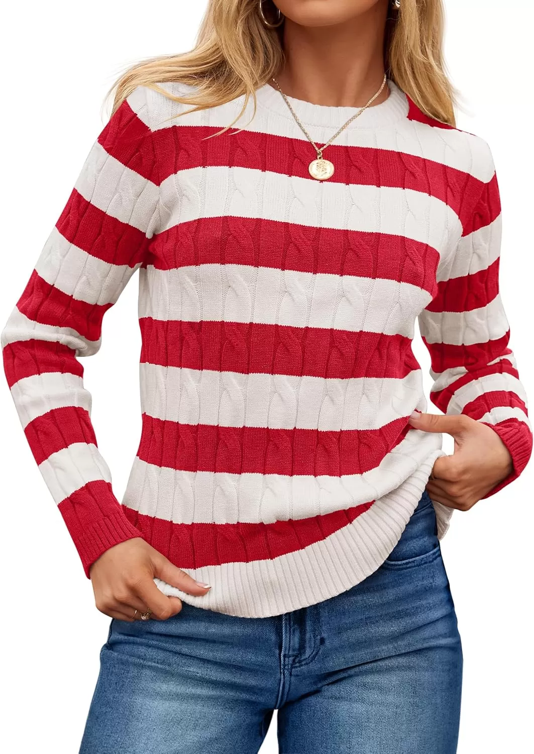 imageZESICA Womens Sweaters Fall Winter Casual Striped Long Sleeve Crew Neck Cable Knit Loose Chunky Pullover SweaterRed