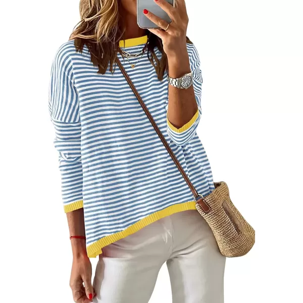 imageZESICA Womens 2024 Fall Striped Sweaters Long Sleeve Crew Neck Shirts Color Block Lightweight Pullover TopsBlue