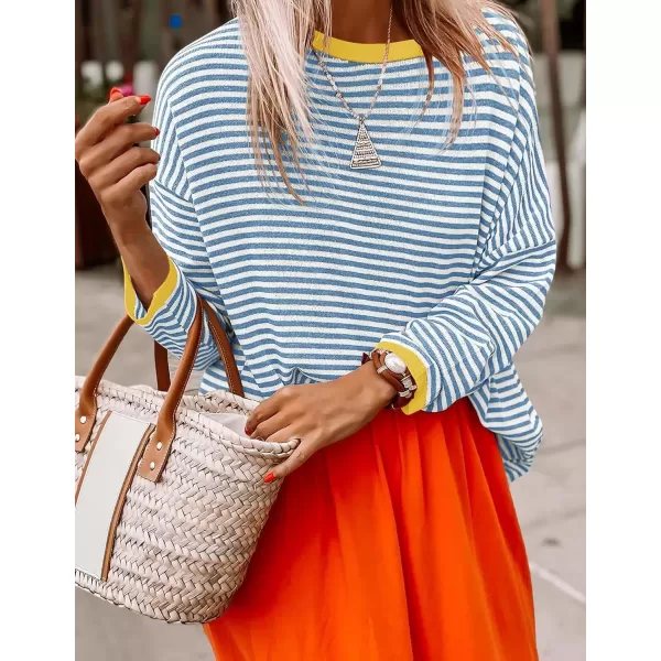 imageZESICA Womens 2024 Fall Striped Sweaters Long Sleeve Crew Neck Shirts Color Block Lightweight Pullover TopsBlue