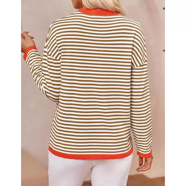 imageZESICA Womens 2024 Fall Striped Sweaters Long Sleeve Crew Neck Shirts Color Block Lightweight Pullover TopsBrown