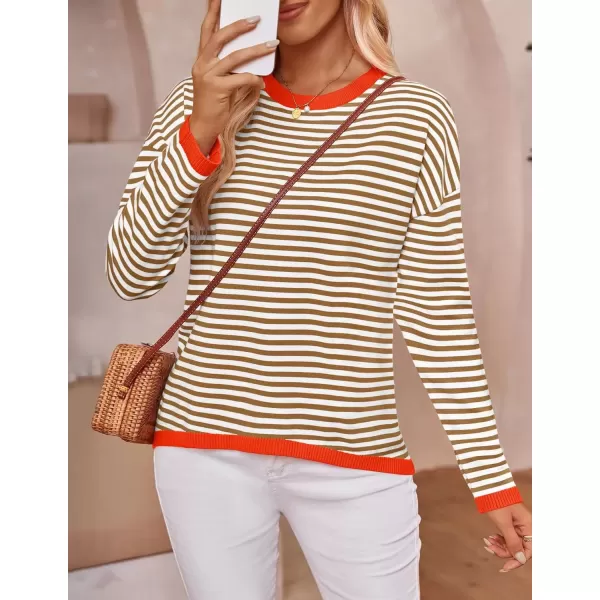 imageZESICA Womens 2024 Fall Striped Sweaters Long Sleeve Crew Neck Shirts Color Block Lightweight Pullover TopsBrown
