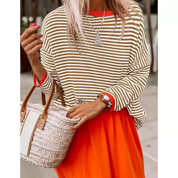 imageZESICA Womens 2024 Fall Striped Sweaters Long Sleeve Crew Neck Shirts Color Block Lightweight Pullover TopsBrown