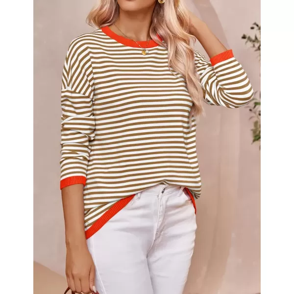imageZESICA Womens 2024 Fall Striped Sweaters Long Sleeve Crew Neck Shirts Color Block Lightweight Pullover TopsBrown
