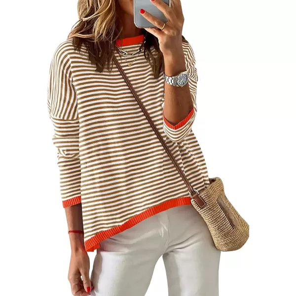 imageZESICA Womens 2024 Fall Striped Sweaters Long Sleeve Crew Neck Shirts Color Block Lightweight Pullover TopsBrown