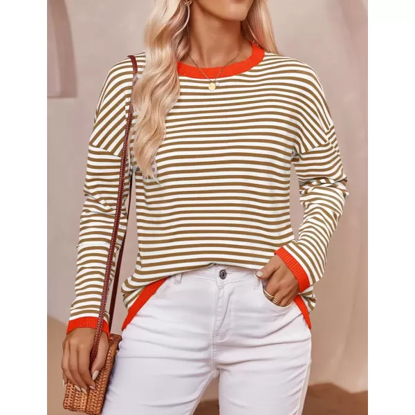 imageZESICA Womens 2024 Fall Striped Sweaters Long Sleeve Crew Neck Shirts Color Block Lightweight Pullover TopsBrown