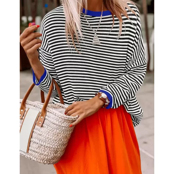 imageZESICA Womens 2024 Fall Striped Sweaters Long Sleeve Crew Neck Shirts Color Block Lightweight Pullover TopsCarbon Black