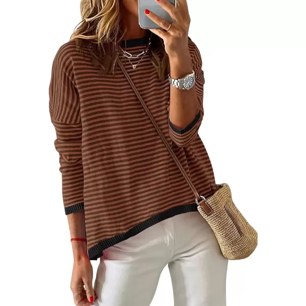 imageZESICA Womens 2024 Fall Striped Sweaters Long Sleeve Crew Neck Shirts Color Block Lightweight Pullover TopsCoffee