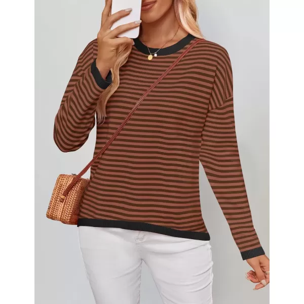imageZESICA Womens 2024 Fall Striped Sweaters Long Sleeve Crew Neck Shirts Color Block Lightweight Pullover TopsCoffee